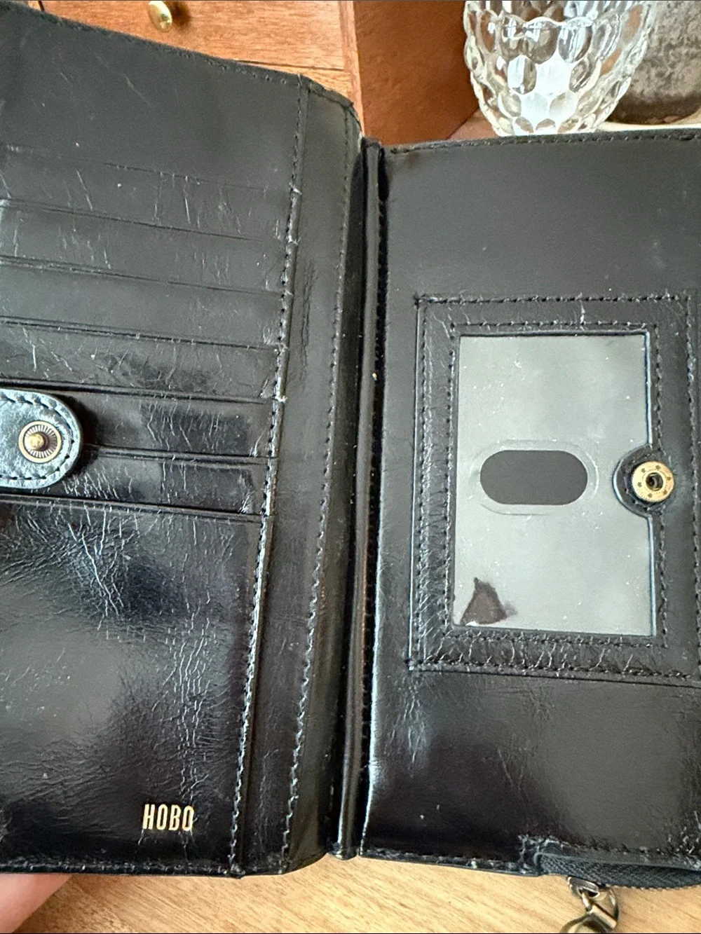HOBO Black Patent Leather Long Wallet with Wrist Strap